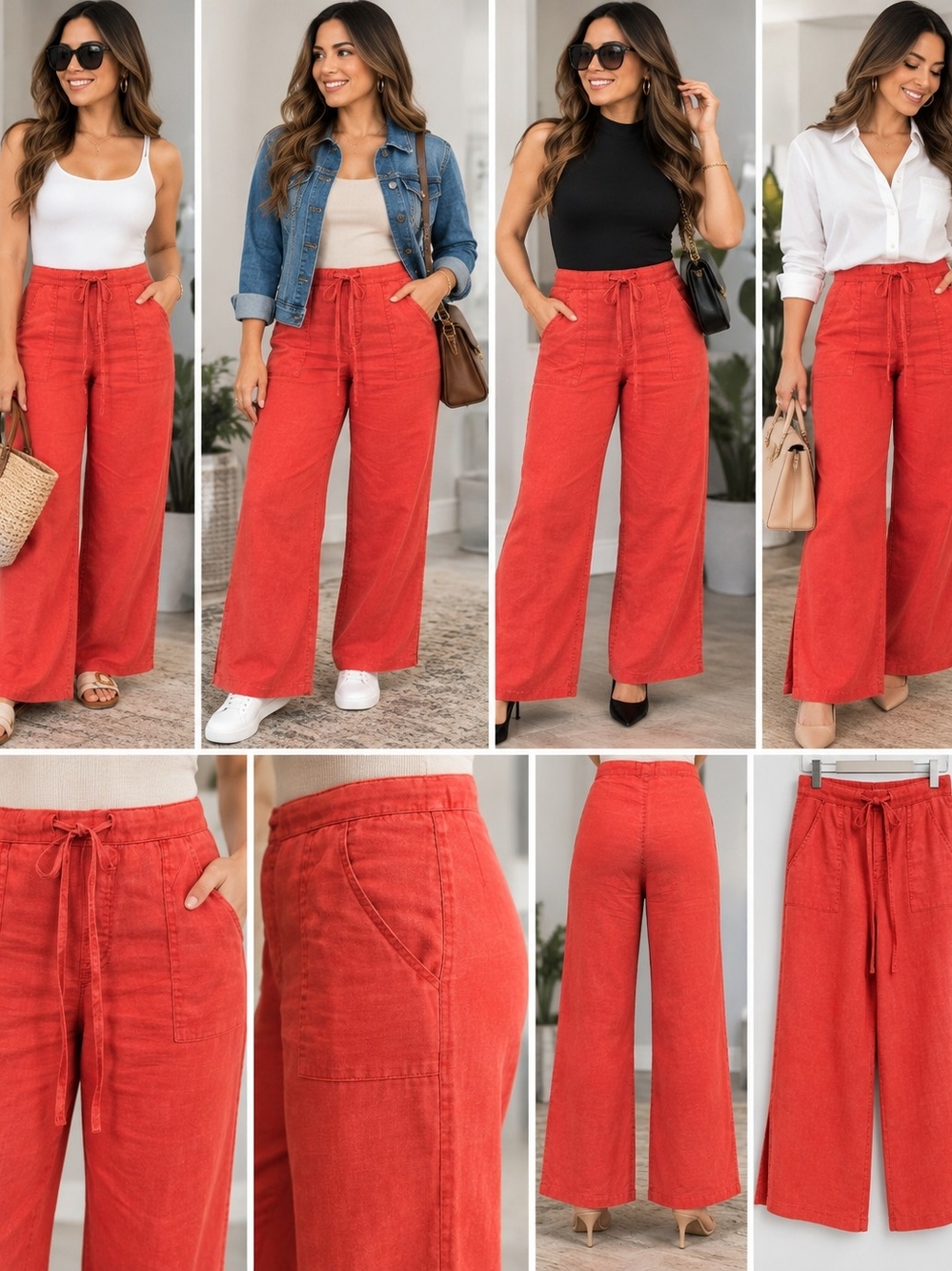 High-Rise Wide Leg Linen-Blend Pants — Red